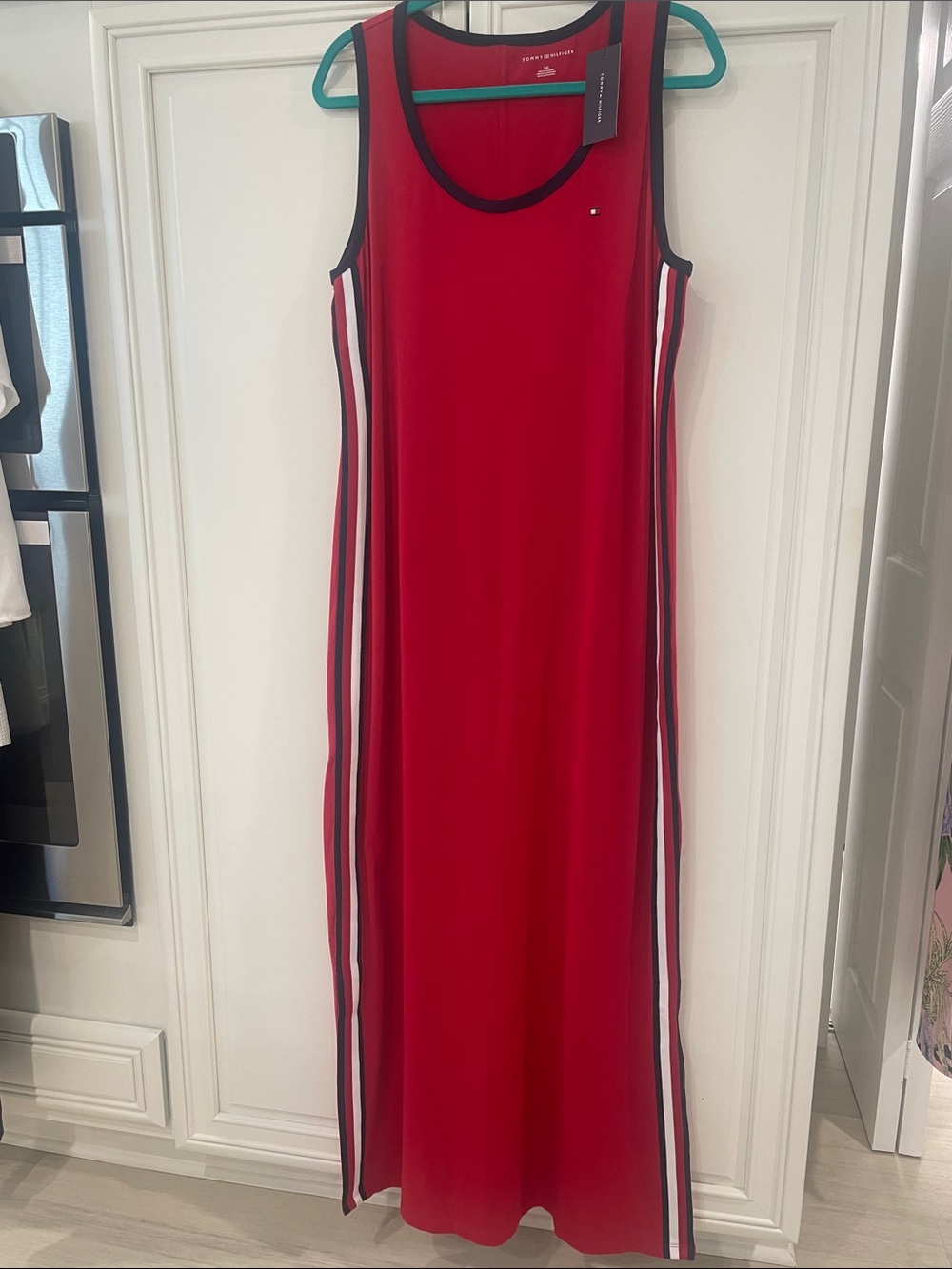 Tommy Hilfiger Red Maxi Tank Dress with Navy and White Side Stripes